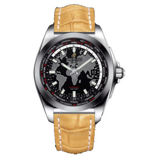 Breitling, Galactic Unitime Black Dial Camel Leather Men's Watch WB3510U4-BD94CMCT
