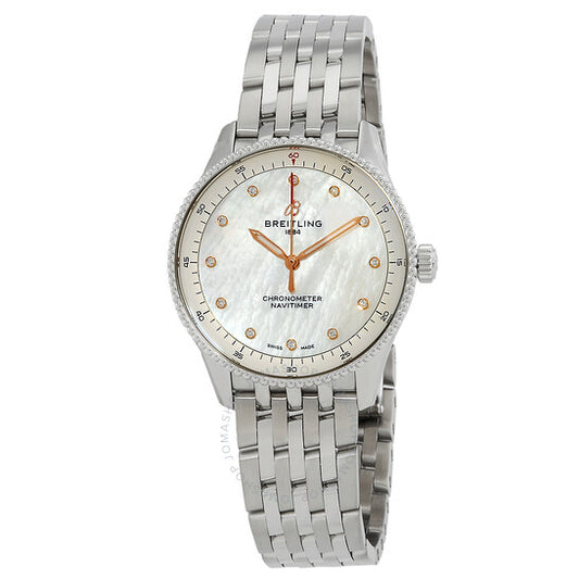 ساعة بريتلينج نافيتايمر كوارتز للسيدات بمينا من عرق اللؤلؤ الأبيض والماس