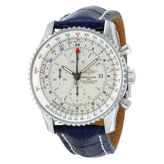 Breitling, Navitimer World Chronograph Automatic Silver Dial Blue Leather Men's Watch A2432212-G571BLCD