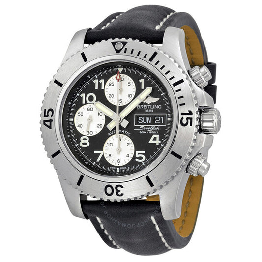 ساعة بريتلينغ سوبر أوشن كرونوغراف ستيلفيش أوتوماتيكية للرجال بمينا أسود وجلد أسود A13341C3-BD19BKLT
