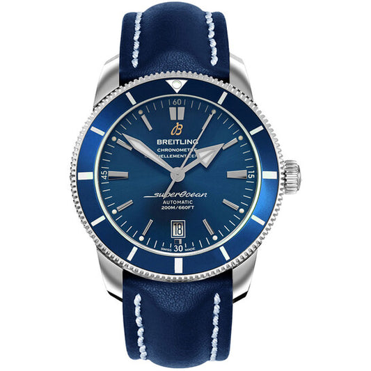 ساعة بريتلينغ سوبر أوشن هيريتيج II أوتوماتيكية للرجال من الجلد الأزرق AB202016/C961-101X