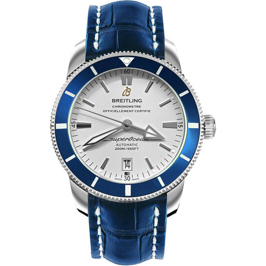 ساعة بريتلينج سوبر أوشن هيريتيج II للرجال بمينا فضي وجلد تمساح أزرق