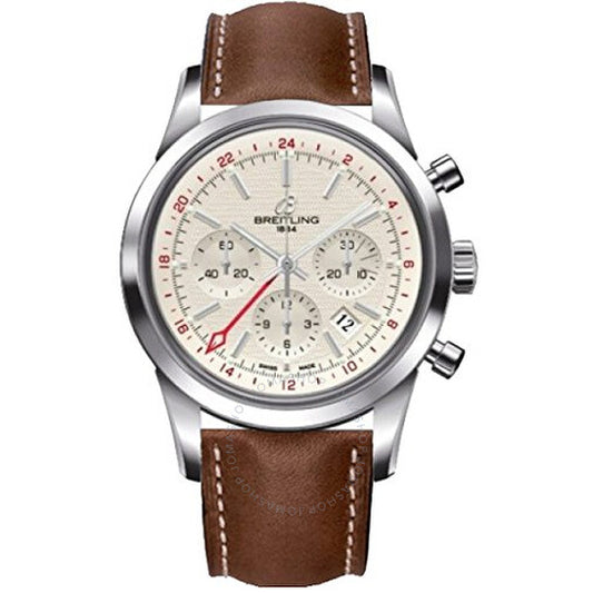 Breitling, Transocean Chronograph GMT Silver Dial Brown Leather Men's Watch BRLT