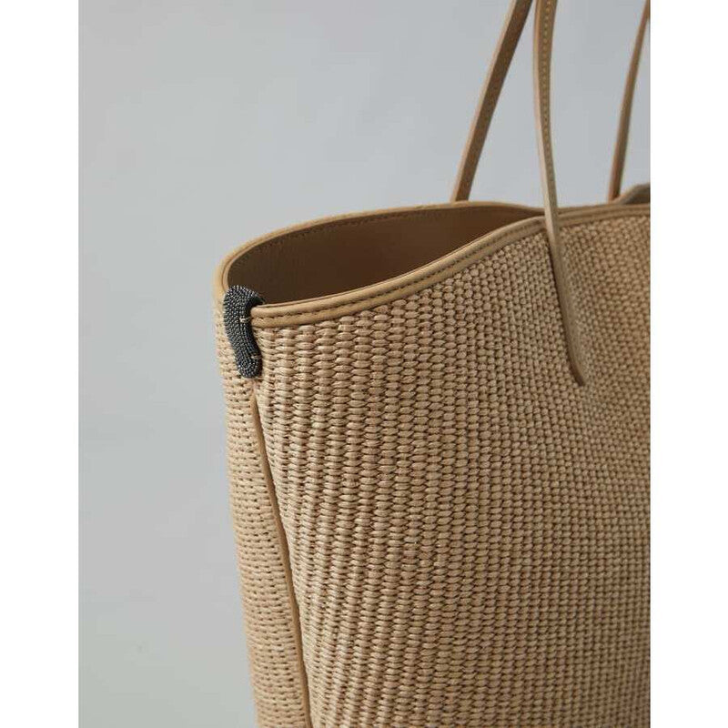 Beige Woven Leather Tote Bag