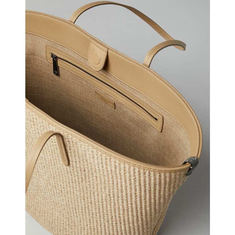 Beige Woven Leather Tote Bag
