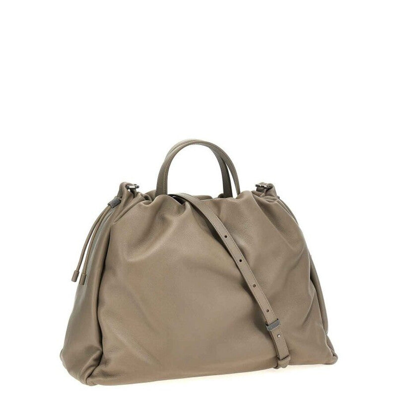 Taupe Leather Drawstring Bag