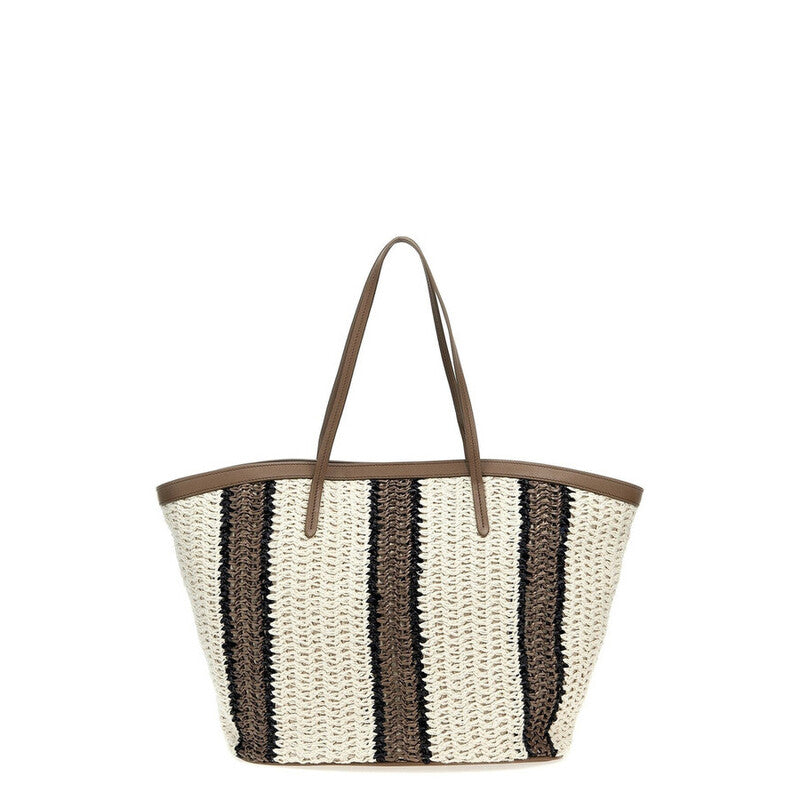 White Beige Striped Woven Tote Bag