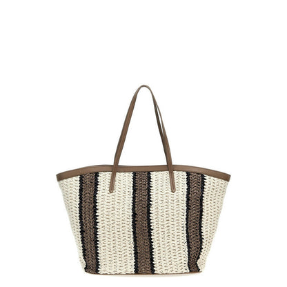 White Beige Striped Woven Tote Bag