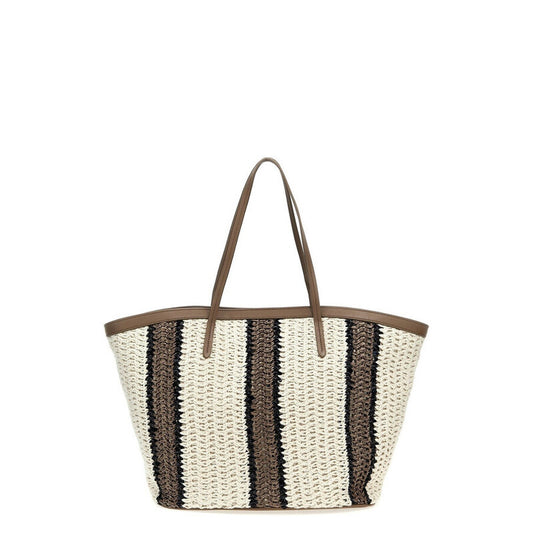 White Beige Striped Woven Tote Bag