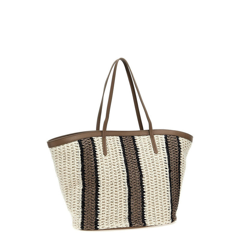 White Beige Striped Woven Tote Bag