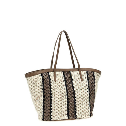 White Beige Striped Woven Tote Bag