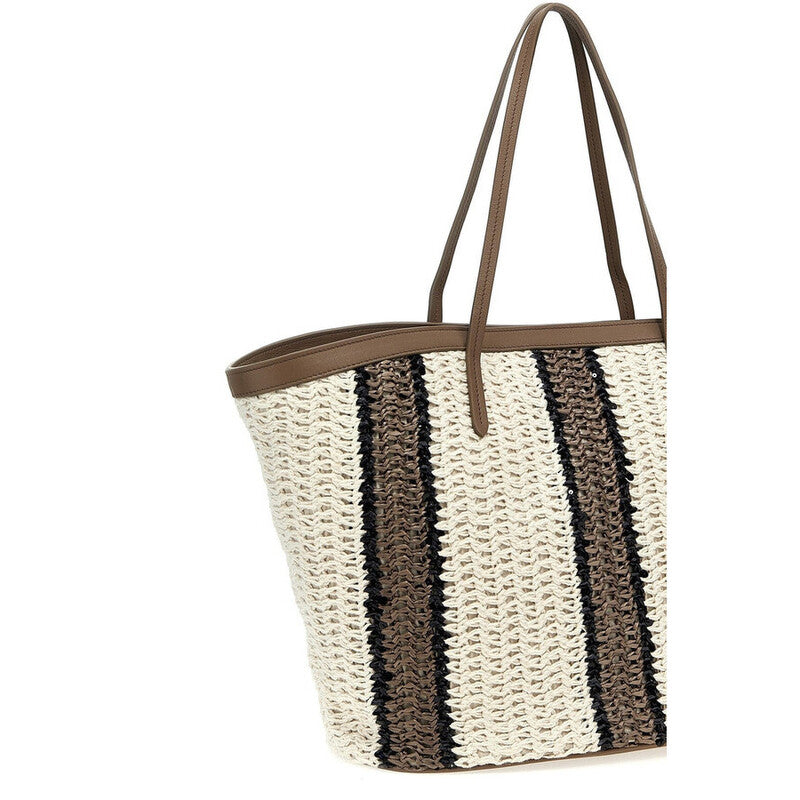 White Beige Striped Woven Tote Bag