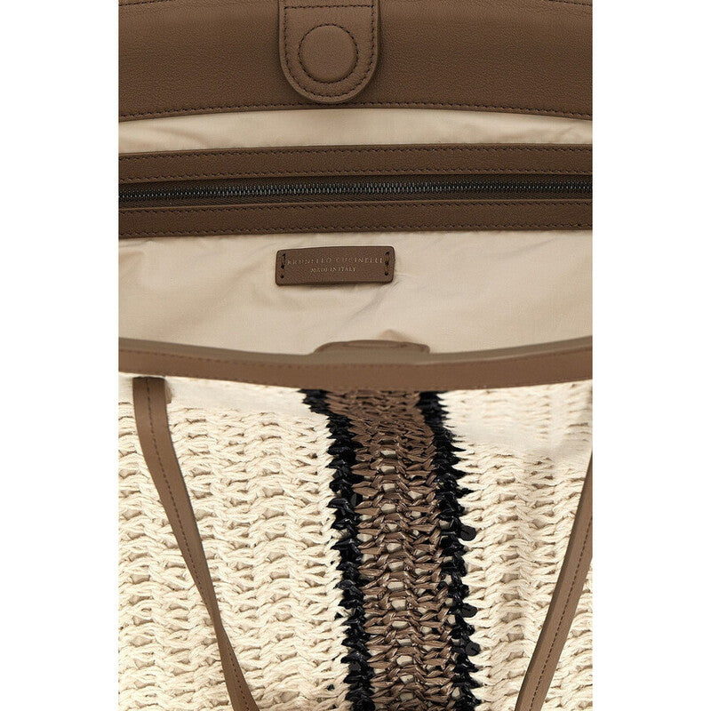 White Beige Striped Woven Tote Bag