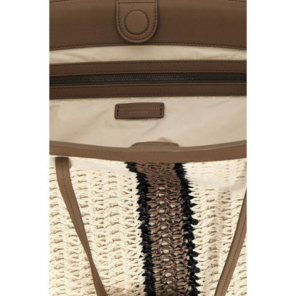 White Beige Striped Woven Tote Bag
