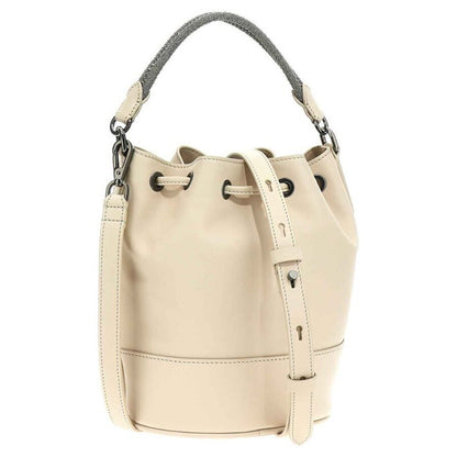 Women'S Cream Leather Drawstring Bucket Bag