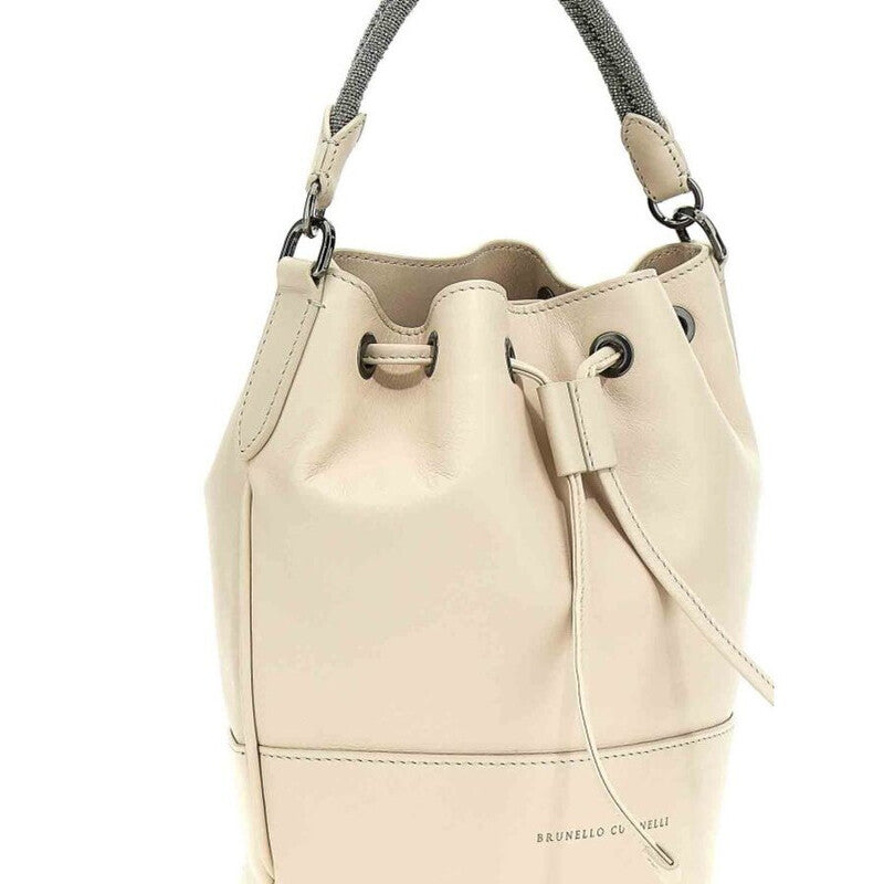 Women'S Cream Leather Drawstring Bucket Bag