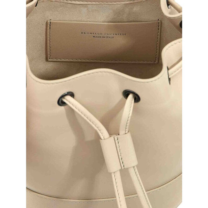 Women'S Cream Leather Drawstring Bucket Bag