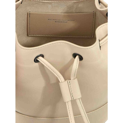 Women'S Cream Leather Drawstring Bucket Bag