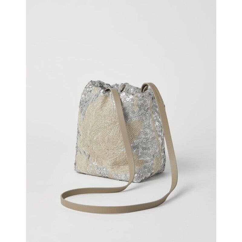 Womens Silver Embroidered Linen Bag