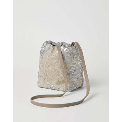 Womens Silver Embroidered Linen Bag