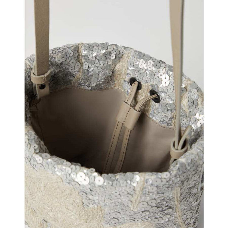 Womens Silver Embroidered Linen Bag