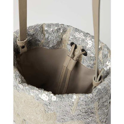 Womens Silver Embroidered Linen Bag