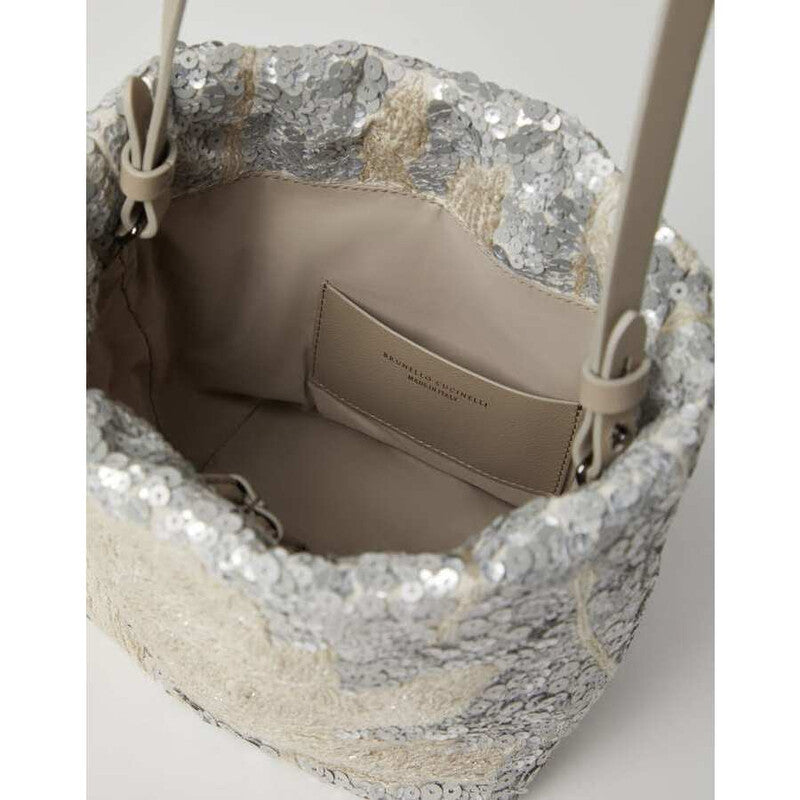 Womens Silver Embroidered Linen Bag