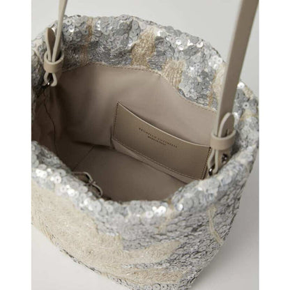 Womens Silver Embroidered Linen Bag