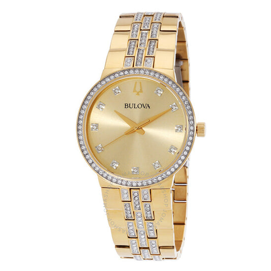 Bulova, Crystal Quartz Champagne Dial Men's Watch and Cross Pendant Necklace Box Set