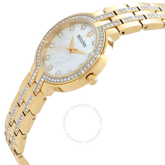 ساعة بولوفا للسيدات، كوارتز كريستالي، مينا فضية مرصعة بالألماس