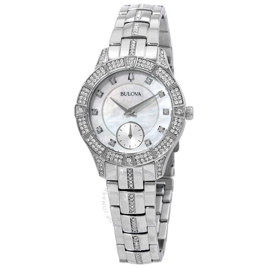 ساعة بولوفا للسيدات، كوارتز كريستال، مينا من عرق اللؤلؤ الأبيض