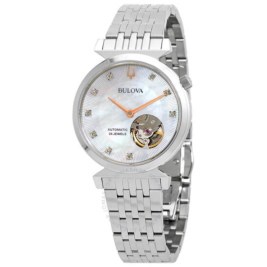 ساعة بولوفا ريجاتا أوتوماتيكية للسيدات بمينا من عرق اللؤلؤ الأبيض والألماس