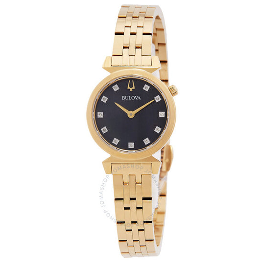 ساعة بولوفا ريجاتا كوارتز للسيدات بمينا من عرق اللؤلؤ الأسود ومرصعة بالألماس