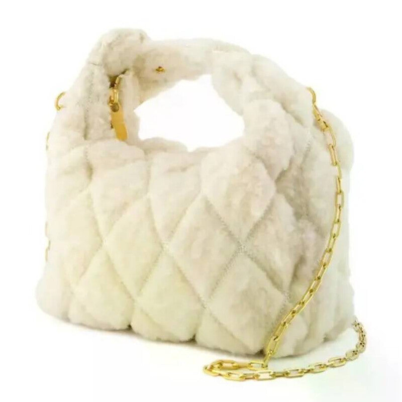 Ecru Ladies Quilted Lamb Fur Tote Bag