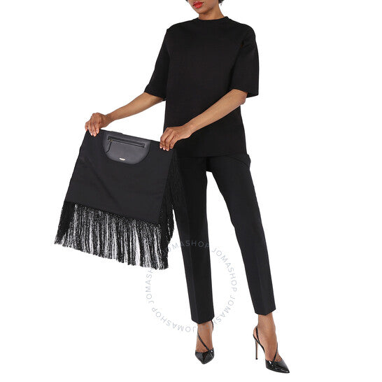 Burberry, Ladies Black Fringe Leather Olympia Scarf Flat Clutch