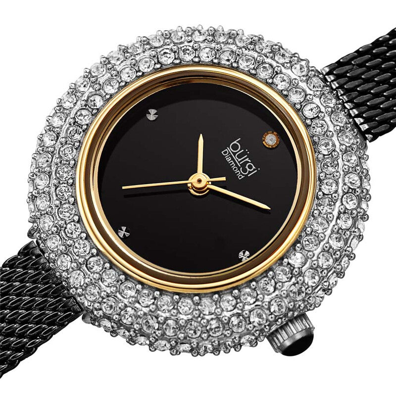 Diamond Black Dial Black-plated Mesh Ladies Watch