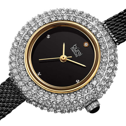 Diamond Black Dial Black-plated Mesh Ladies Watch