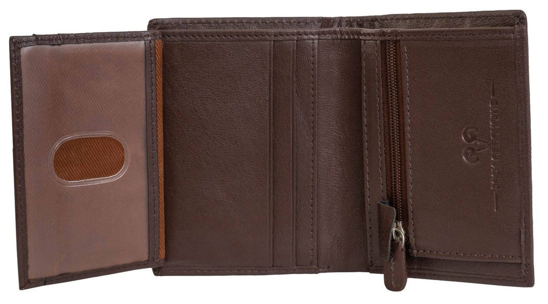 men's goat nappa leather bi-fold wallet with zipper pocket in brown