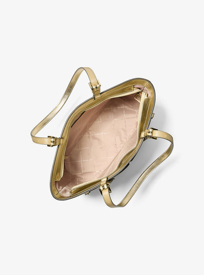 jet set medium metallic signature logo pocket tote bag