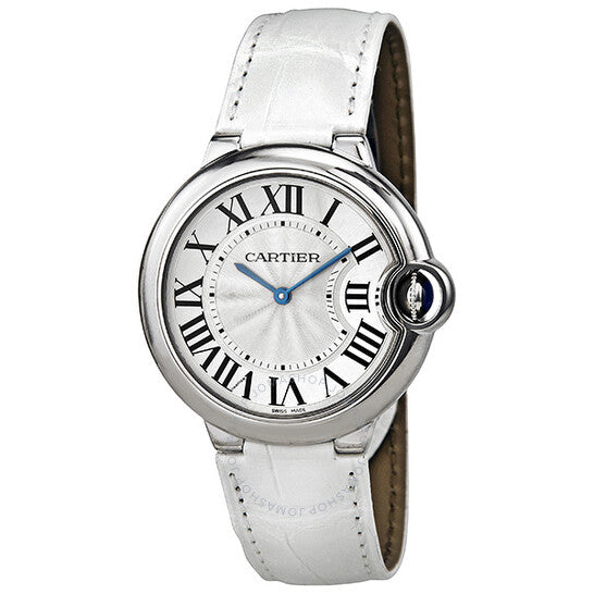 Cartier, Ballon Bleu Silver Dial White Leather Ladies Watch