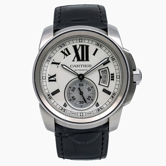 Cartier, 42 mm Calibre De  Silver Dial Black Leather Men's Watch