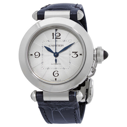 ساعة كارتييه باشا أوتوماتيكية بمينا فضي وجلد أسود