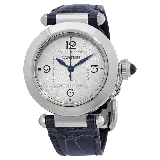 ساعة كارتييه باشا أوتوماتيكية بمينا فضي وجلد أسود