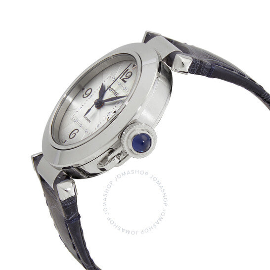 ساعة كارتييه باشا أوتوماتيكية بمينا فضي وجلد أسود