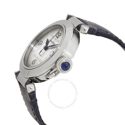 ساعة كارتييه باشا أوتوماتيكية بمينا فضي وجلد أسود