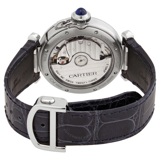 ساعة كارتييه باشا أوتوماتيكية بمينا فضي وجلد أسود