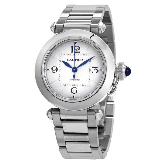 ساعة كارتييه باشا أوتوماتيكية للسيدات بمينا فضي
