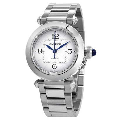 ساعة كارتييه باشا أوتوماتيكية للسيدات بمينا فضي