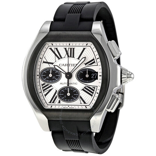 Cartier, Roadster Chronograph Silver Dial Black Rubber Automatic Men's Watch
