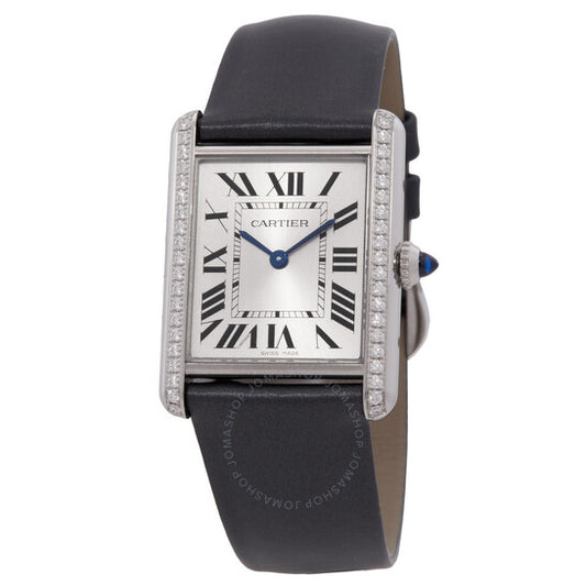 ساعة كارتييه تانك ماست كبيرة كوارتز مرصعة بالألماس ومينا فضية للسيدات